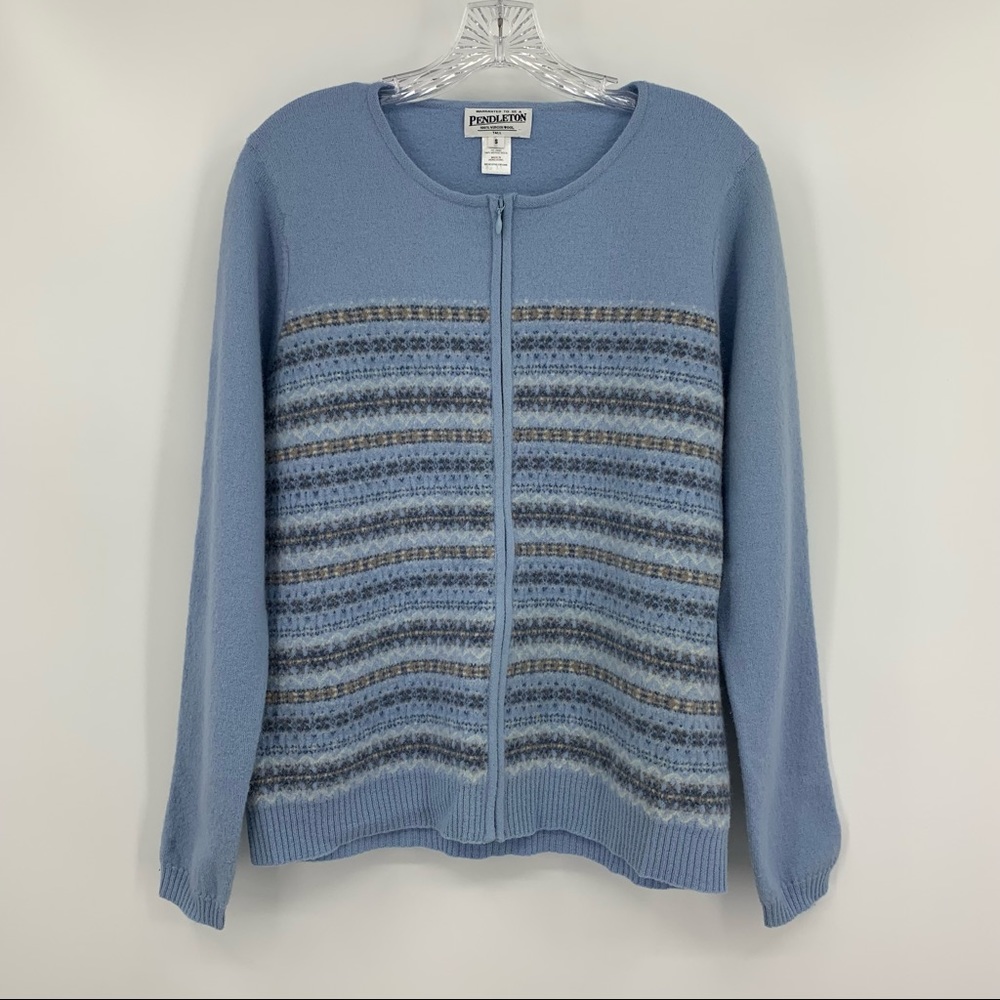 Pendleton Vintage TALL Preppy Cropped Length Cardigan Fairisle Wool Blue Size S